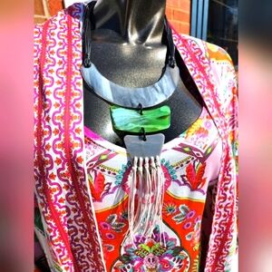 Marbleized Grey and Green Statement Necklace with Fringe